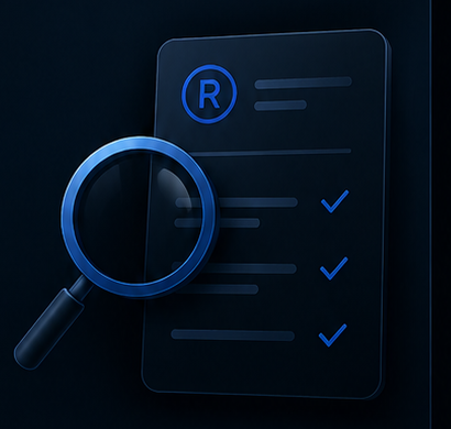 Lupa sobre documento de registro de marca com itens verificados