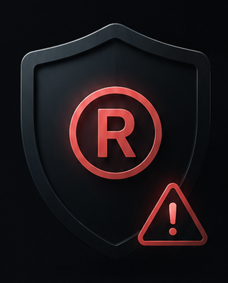 Escudo com o símbolo de marca registrada e alerta de risco